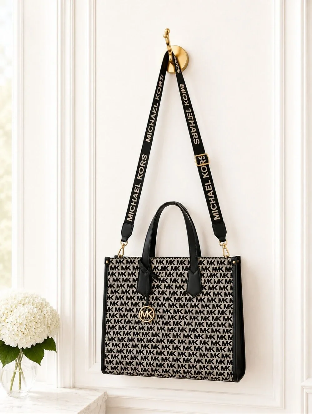 Michael Kors Black & Beige MK Monogram Tote with Logo Strap - Picture 2 of 8